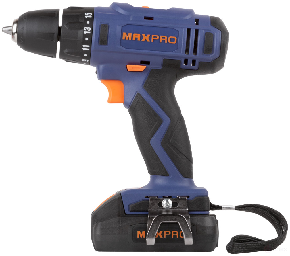 MAX-PRO Дрель-Шуруповерт аккумуляторная 18 В; 0-350/0-1250 об/мин; 10 мм; 30 Нм; 2 батареи (Li-Ion) х1,5 Ач; 15+1; 1 ч.; регулировка оборотов; резинов