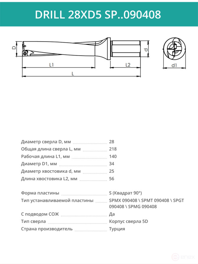 DRILL 28XD5 SP..090408 сверло корпусное - 28 мм / пластина SPMX 090408; SPMT 090408