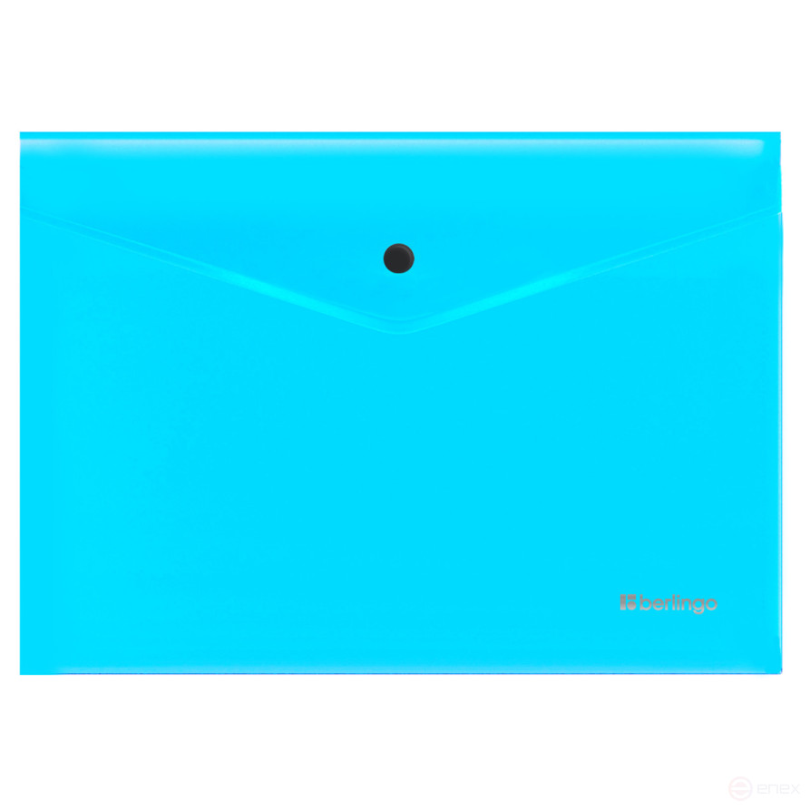 Папка-конверт на кнопке Berlingo "Neon" А4, 200 мкм, прозрачная голубой неон