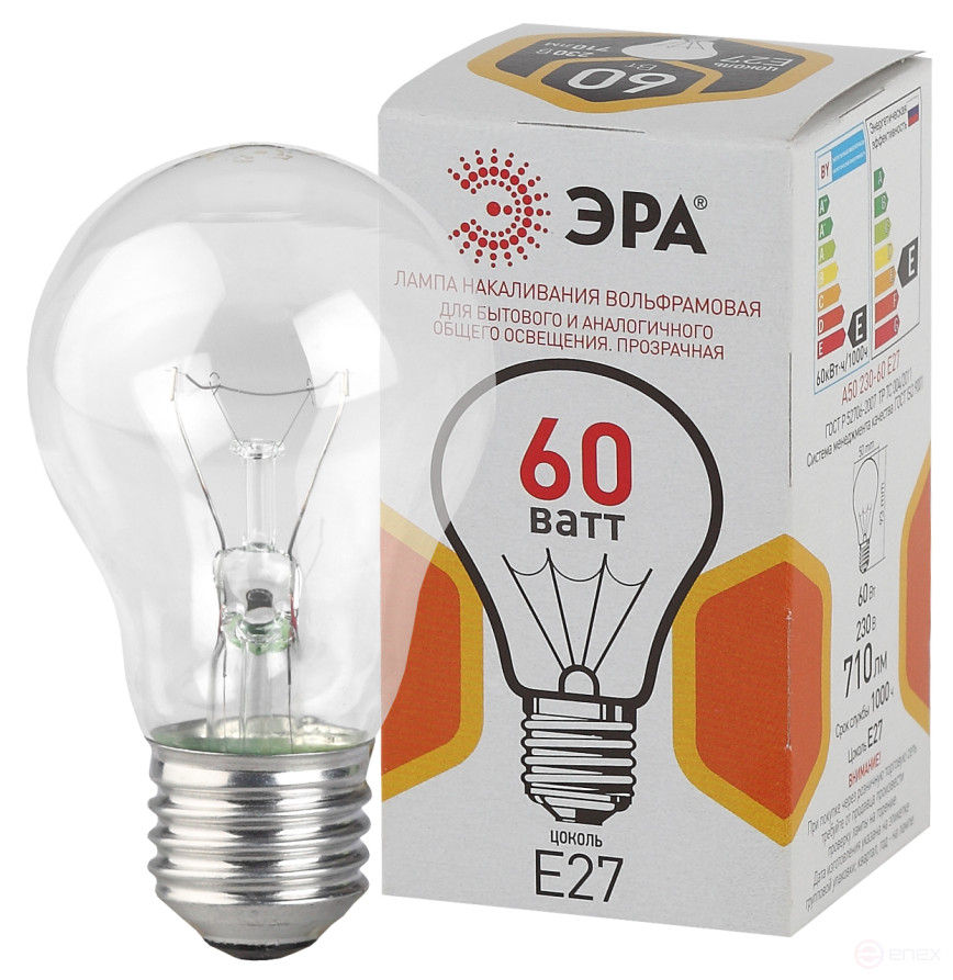 B230-60-4 ERA A50 Light Bulb 60W E27/E27 230V pear transparent color packaging