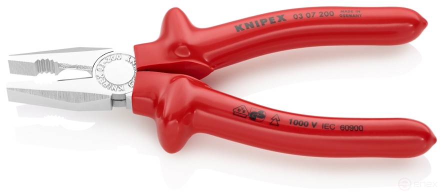 Плоскогубцы комб. VDE, рез: провол. ср. Ø 3.8 мм, твёрд. Ø 2.5 мм, кабель Ø 13 мм (16 мм²), L-200 мм, хром, 1-к ручки