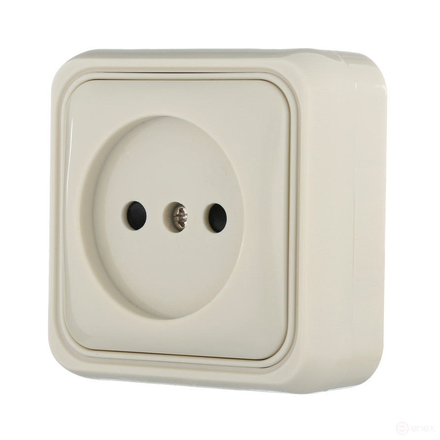 Socket of an open installation without grounding contacts with protective shutters (beige), Standard