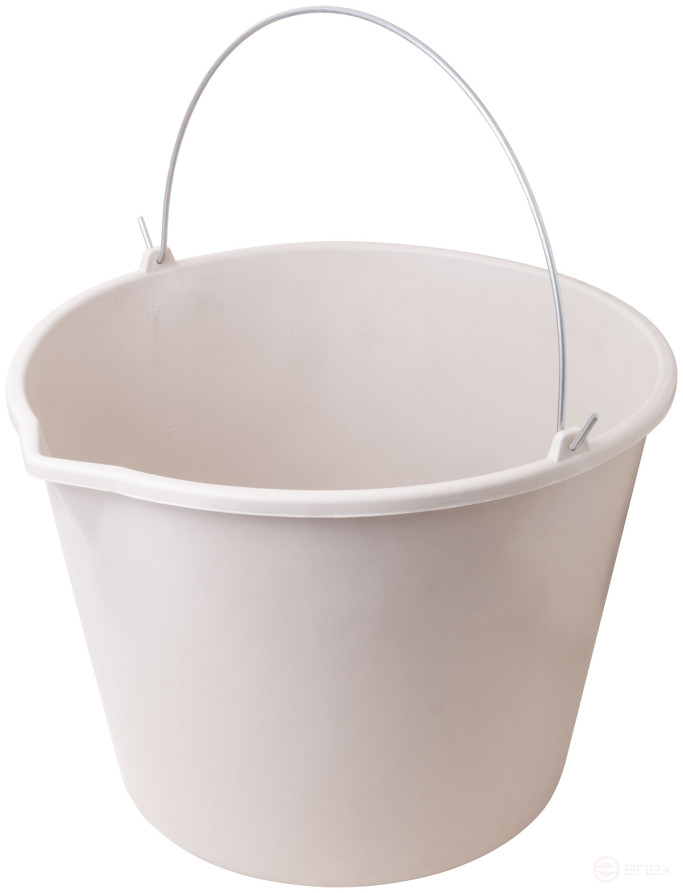 Plastic elastic construction bucket for mixing mortar with a 20 l spout