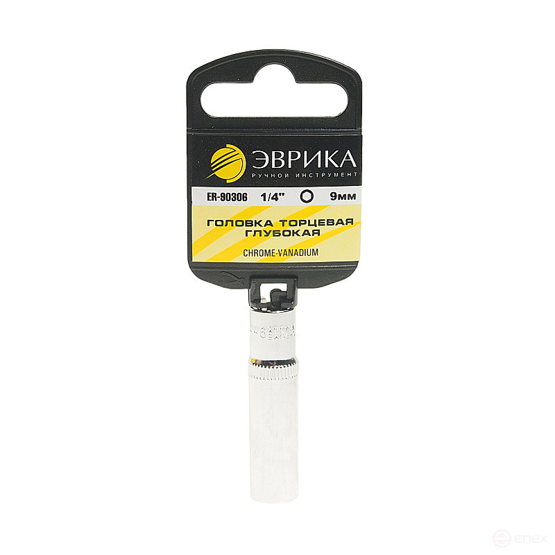 Головка торцевая 9мм 1/4" 6-гранная глубокая L=50мм (с держателем) ЭВРИКА ER-90306H 1/240
