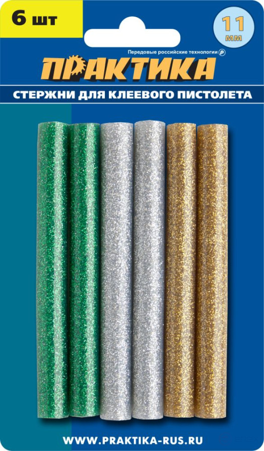 Клей для клеевого пистолета ПРАКТИКА цветные, 3 цвета, металлик, 11 х 100 мм, 6шт / блистер (649-356)