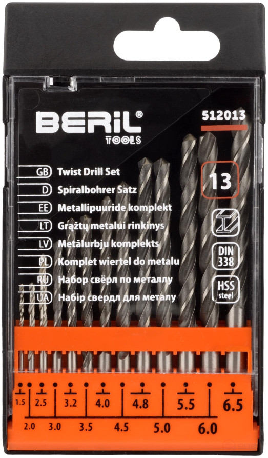 Set of drills for metal 1.5-6.5mm (13 pcs.pl/case) BERIL