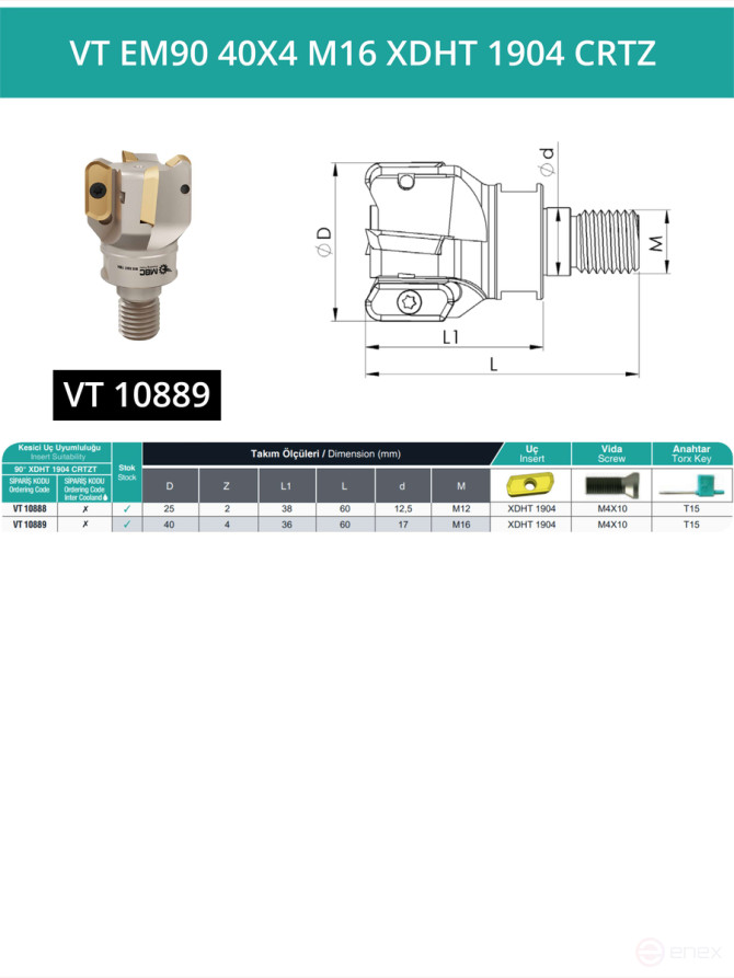 VT EM90 40X4 M16 XDHT 1904 CRTZ Milling Replacement Head 40 mm with M16 thread / without coolant