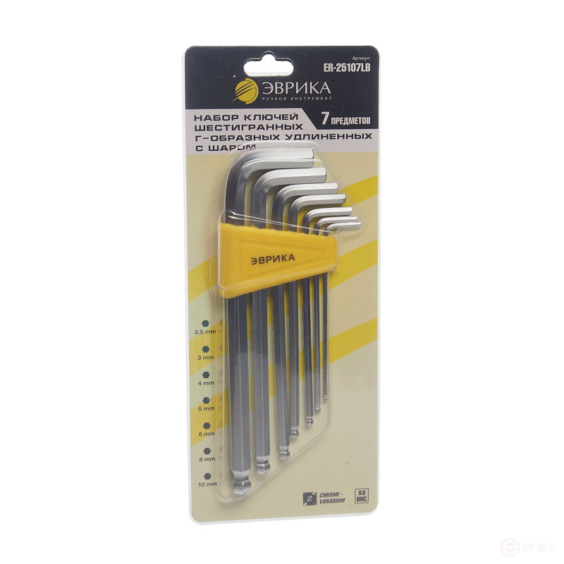 Set of hexagon socket wrenches ER-25107LB:L-shaped elongated with a ball 2.5-10mm 7pr. EUREKA /1/12/60
