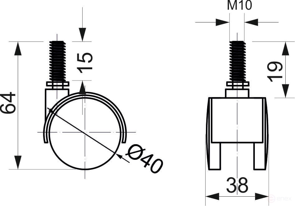 Meb. plast. d40 wheel with M10 screw, black AKS