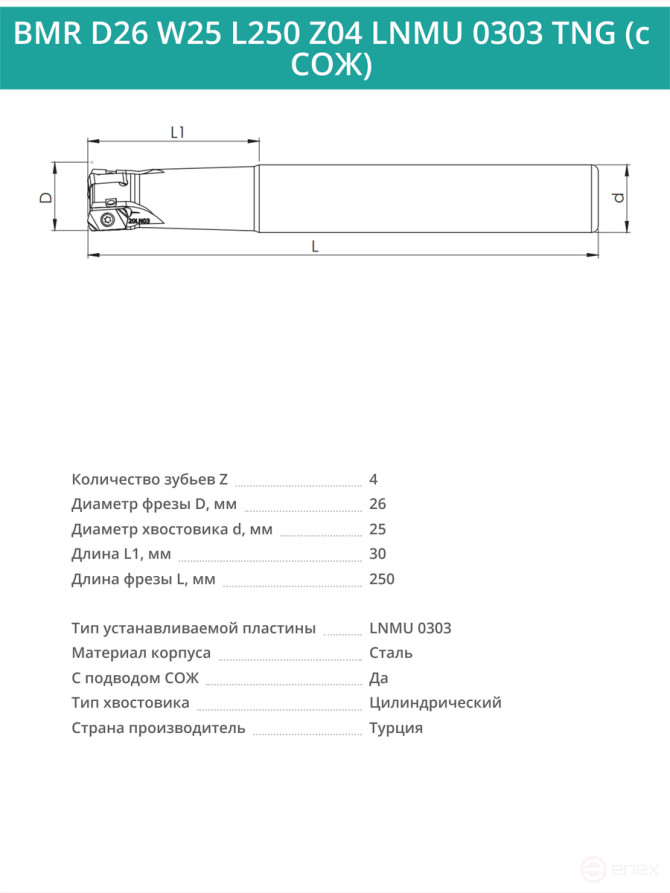 Концевая фреза корпусная 26 мм, 4 зуба, L 250 мм / BMR D26 W25 L250 Z04 LNMU 0303 TNG (с СОЖ)