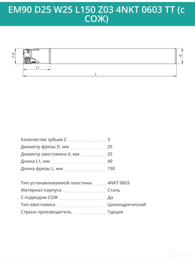 Концевая фреза корпусная 25 мм, 3 зуба, L 150 мм / EM90 D25 W25 L150 Z03 4NKT 0603 TT (с СОЖ)