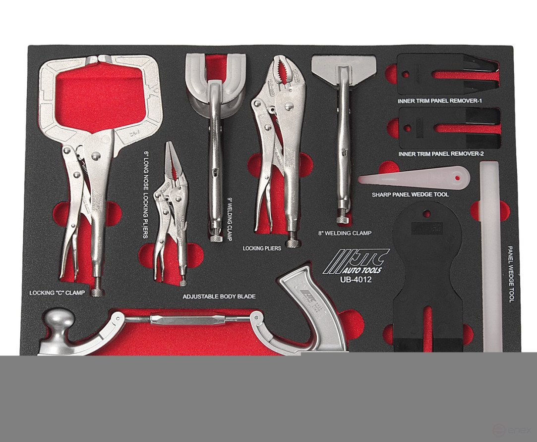 A 12-piece set of locksmith and assembly tools in the JTC base