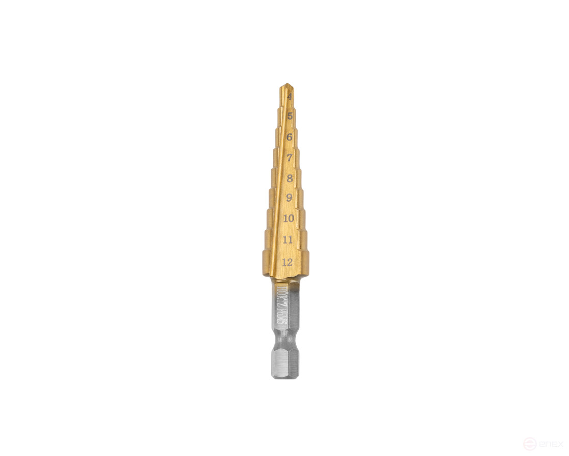 Step drill bit 4-12 pcs.9 titanium nitride (dx=6.3, P6M5) (4;5;6;7;8;9;10;11;12) HORTZ