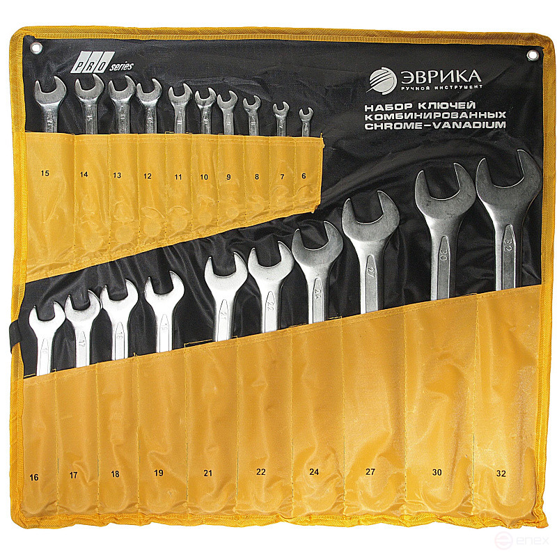 Набор ключей комбинированных (6,7,8,9,10,11,12,13,14,15,16,17,18,19,21,22,24,27,30,32мм), планшет 20 предметов CrV PRO ЭВРИКА 1/4
