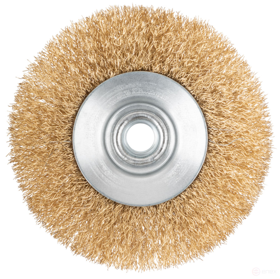 Корщетка-колесо с наклоном, гайка М14, стальная волнистая латунированная проволока 115 мм