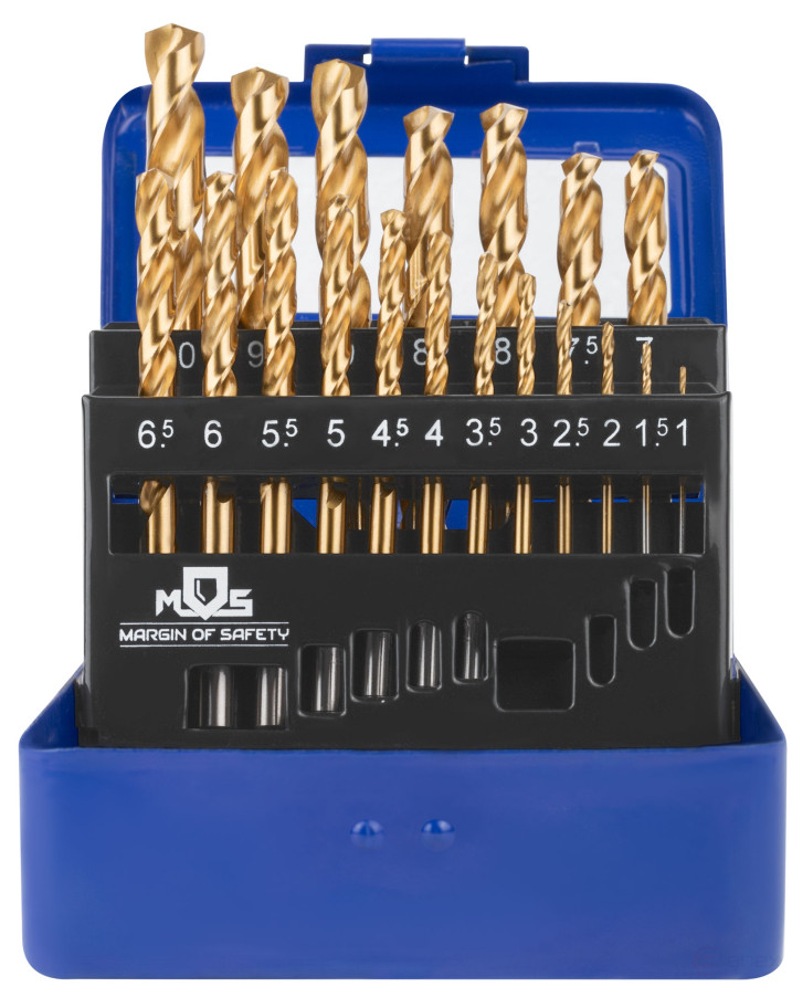 Set of HSS metal drills, ground, titanium coating, sharpening angle 135°, met.box, 19 pcs. (1-10 mm through 0.5 mm)