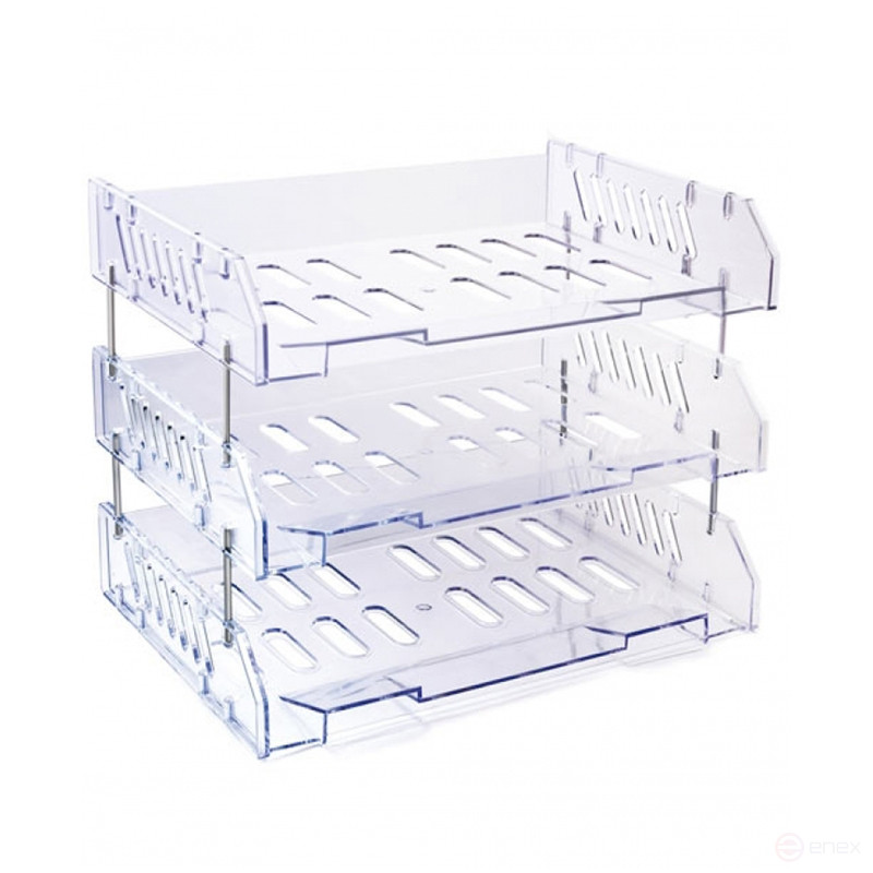 Лоток для бумаг горизонтальный Стамм "Сити", набор 3шт., на мет. стержнях, широкая загрузка, прозрачный