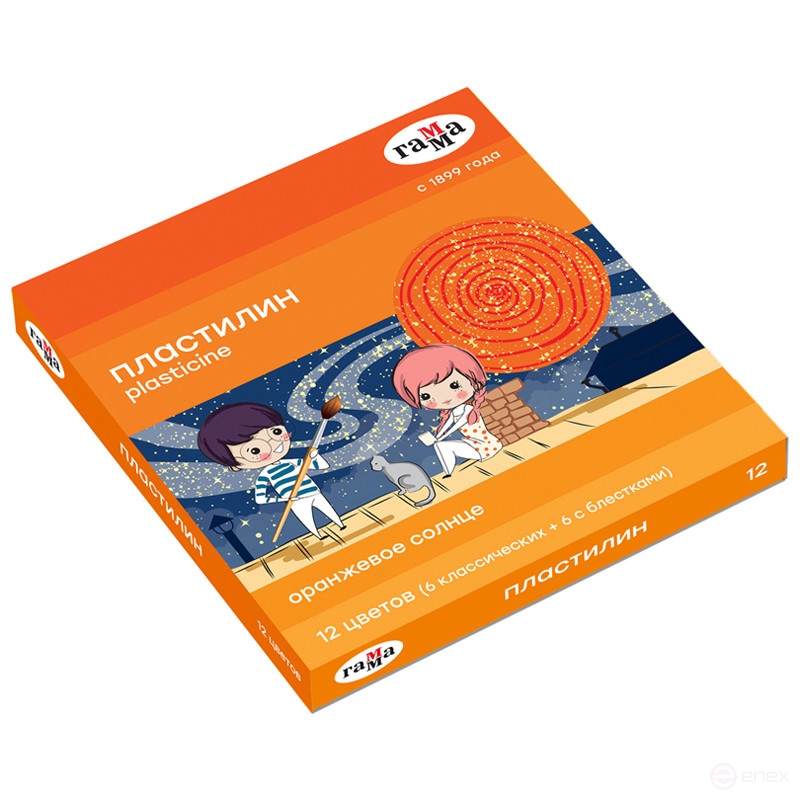 Пластилин Гамма "Оранжевое солнце", 12 цветов (6 классич., 6 с блестками), 168г, со стеком. картон. упаковка