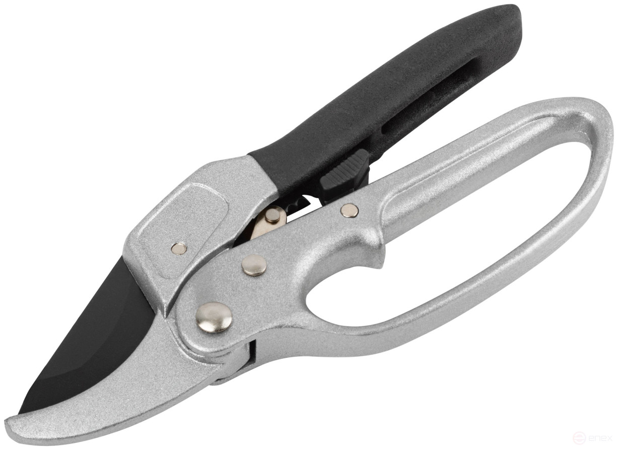 Pruning shears, ratchet mechanism, cutting.butt-to-anvil edges, teflon coatingblades, aluminum.The case is 200 mm