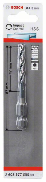 Spiral drill bit made of high-speed steel, with hex shank 4.5 mm 4.5 x 47 x 87 mm