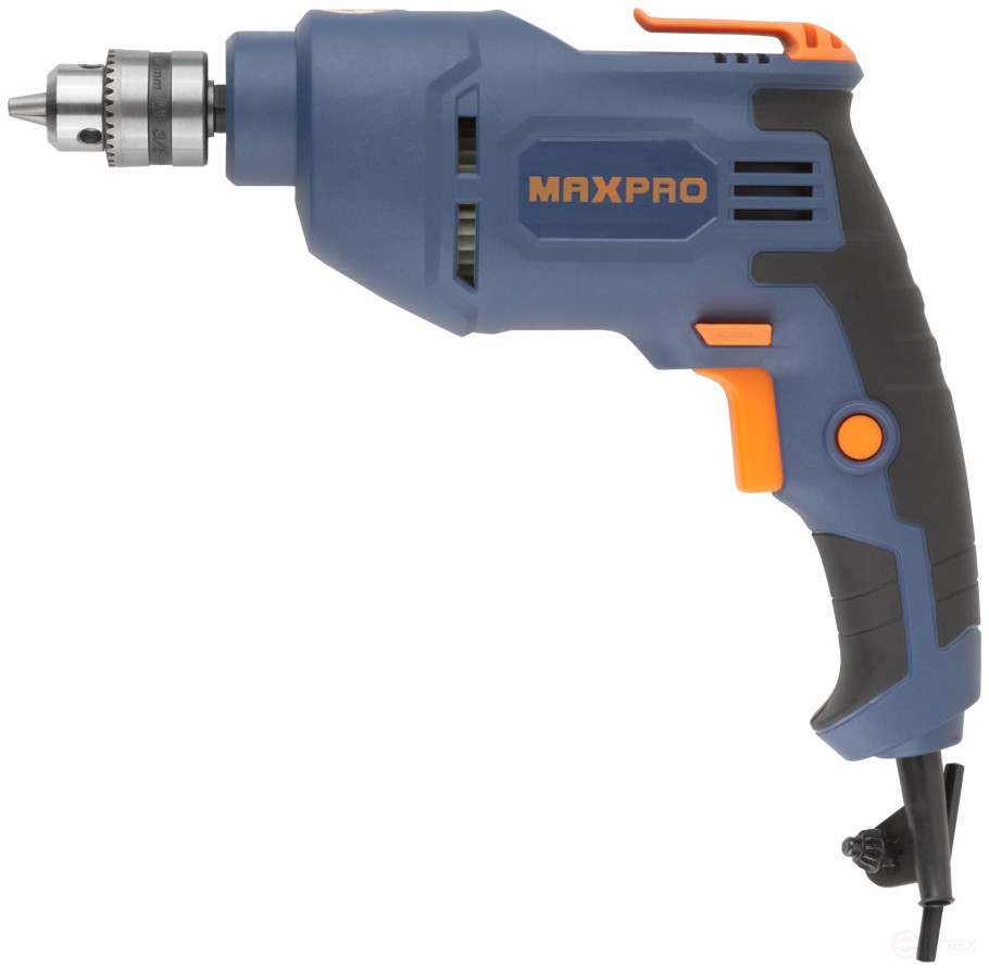 MAX-PRO Дрель электрическая 450 Вт; 0-2700 об/мин; ключевой патрон 0,8-10 мм; 1,2 кг; резиновые вставки; кор.