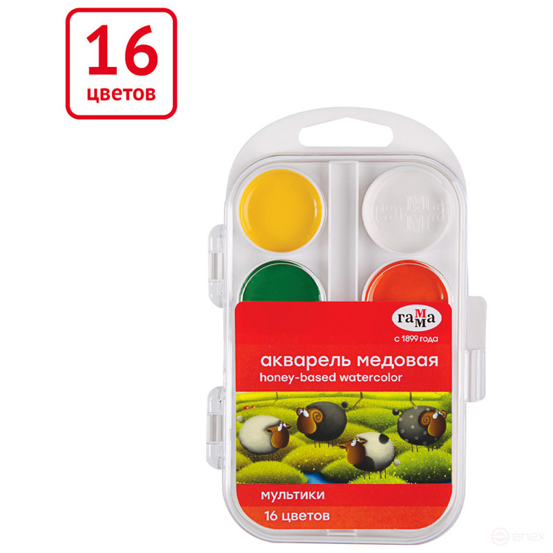 Акварель Гамма "Мультики" NEW, медовая, 16 цветов, без кисти, пластик. упак., европодвес