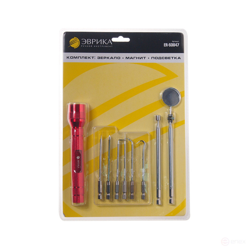 Набор ER-53047 фонарь 3LED,зеркало телескоп. 51см,магнит телескоп., шило, крючки изог.,отвертки шлиц, PHILIPS / ЭВРИКА 1/10/20
