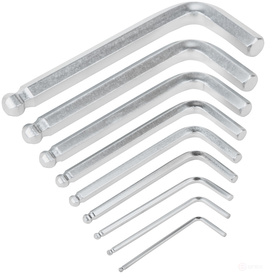 Ключи шестигранные, CrV сталь, 9 шт., 2-12 мм, с шаровым наконечником, в пластиковом держателе