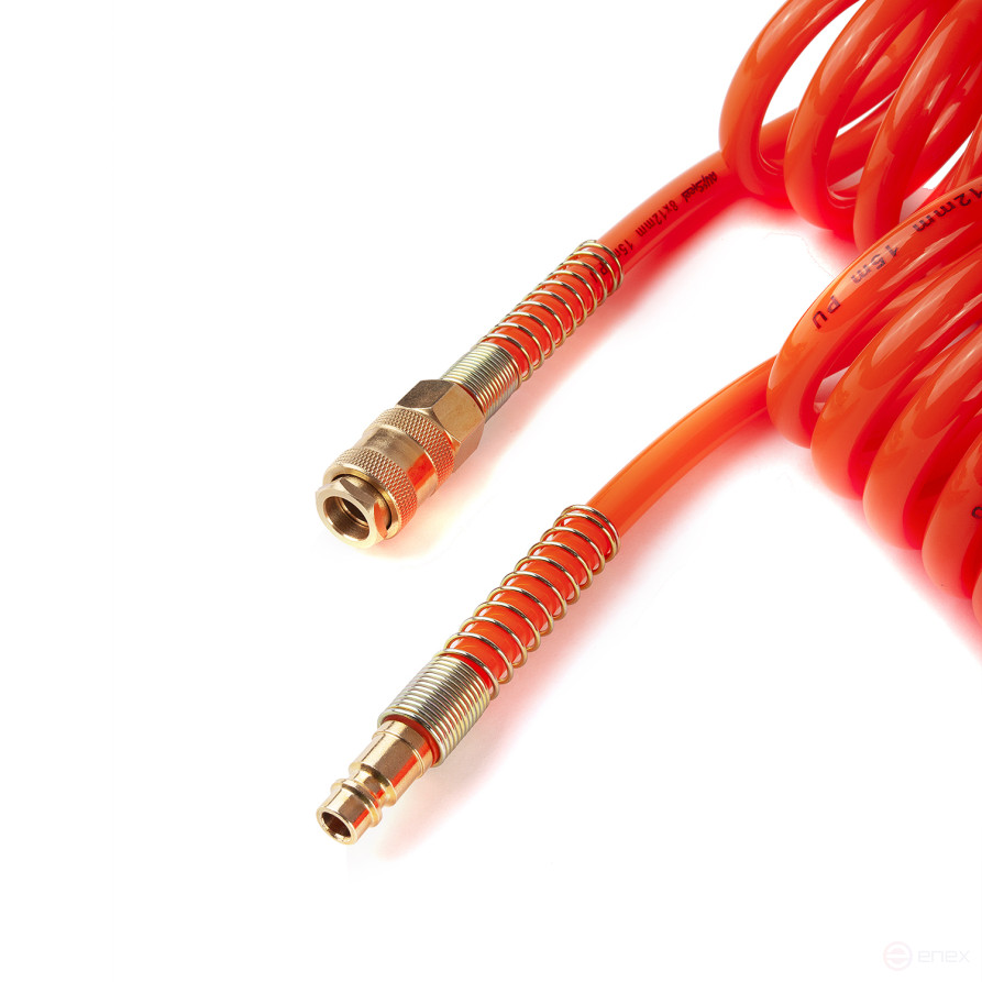 Шланг пневматический спиральный PU 8х12мм с быстросъемными фитингами 15м AV-700015 "AV Steel"