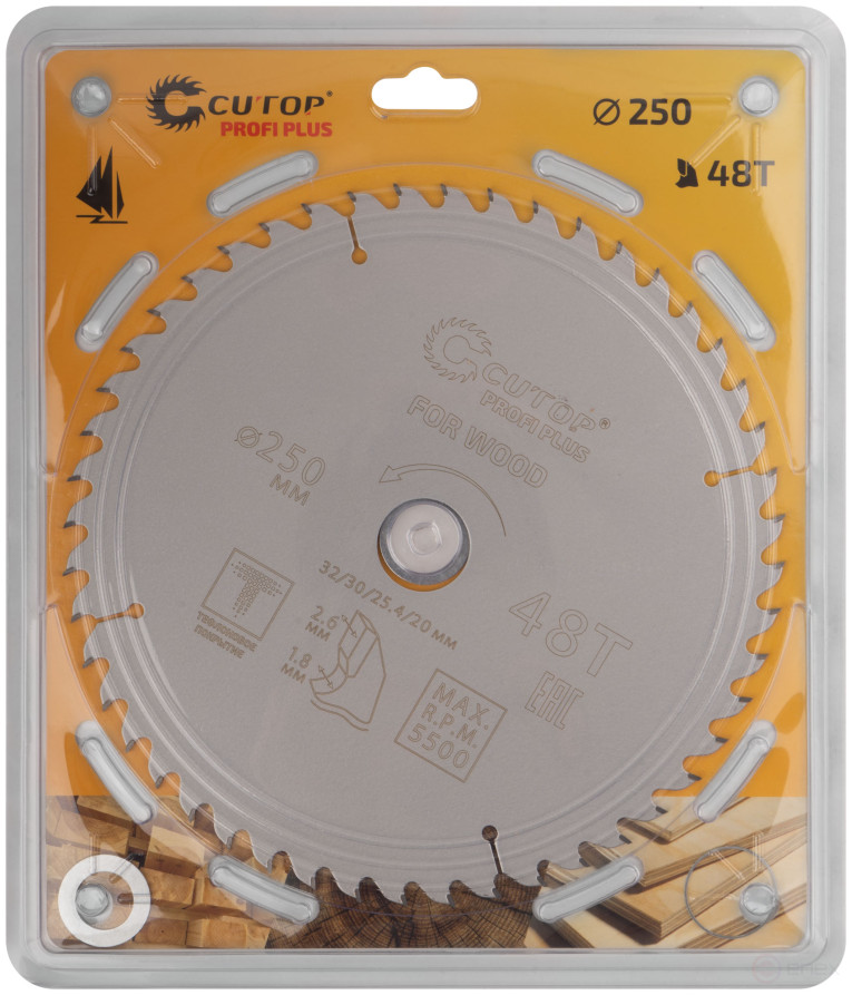 Диск пильный по дереву с тефлоновым покрытием 48Т, CUTOP Profi plus, 250 х 1,8/2,6 х 32/30/25,4/20 мм
