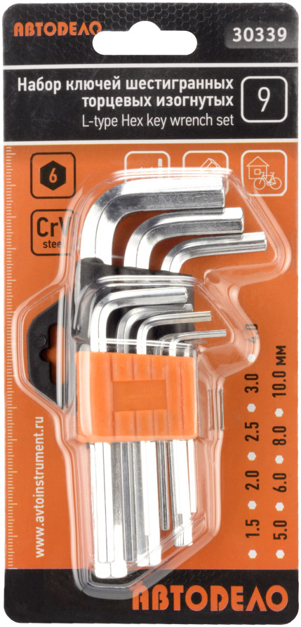 Набор Г-обр. шестигр. 9ч (1.5-10мм; CR-V) АвтоDело (30339)