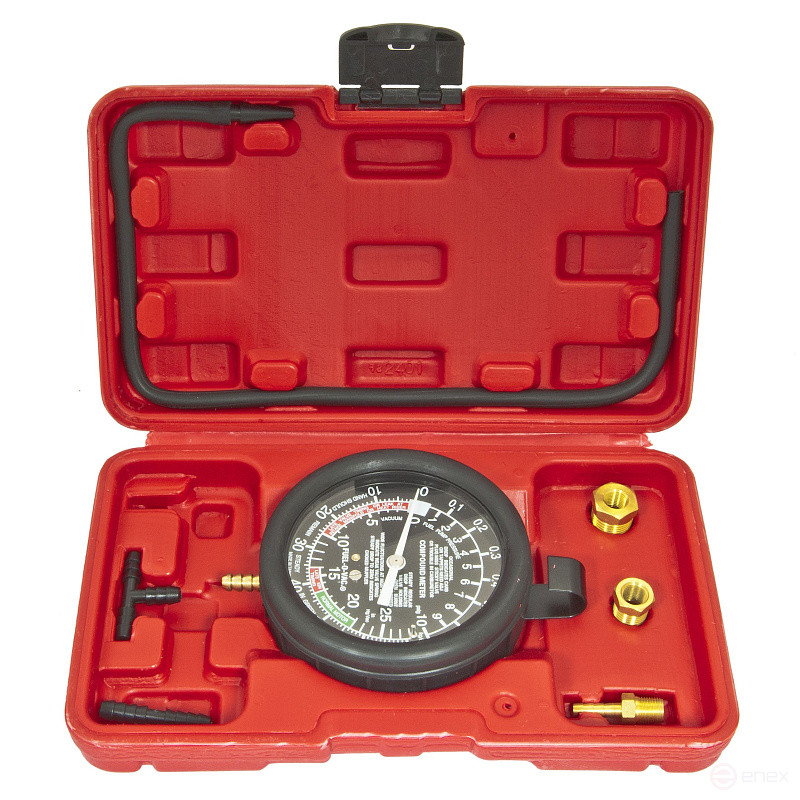 Тестер давления топлива и вакуума ER-86307 в наборе с резьбовыми адаптерами 9пр., в кейсе ЭВРИКА /1/20