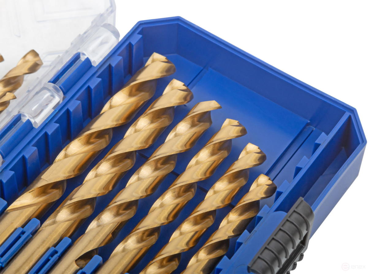 A set of HSS metal drills, ground, titanium coating, 135° sharpening angle, layer. case, 19 pcs. (1-10 mm, through 0.5 mm)