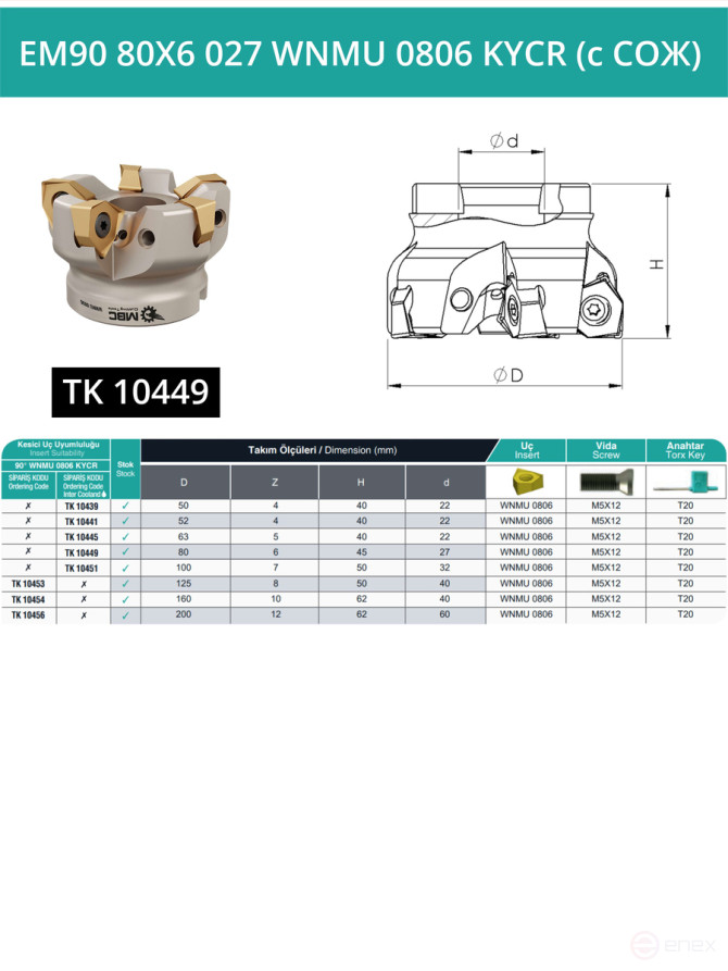 80 mm end milling cutter, 27 mm fit, 6 teeth EM90 80X6 027 WNMU 0806 KYCR (with coolant) for KYOCERA plate