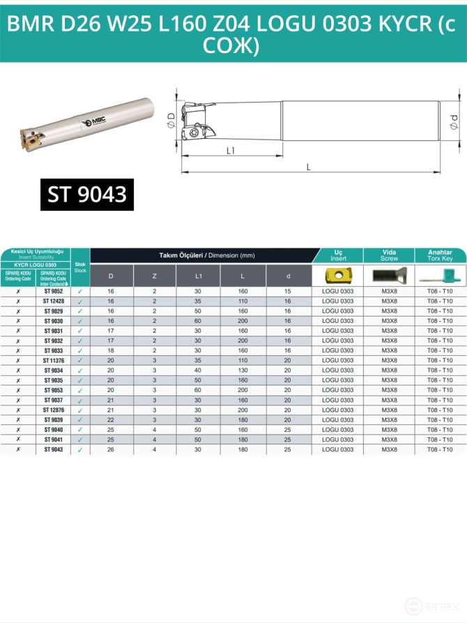 Концевая фреза корпусная 26 мм, 4 зуба, L 160 мм / BMR D26 W25 L160 Z04 LOGU 0303 KYCR (с СОЖ)