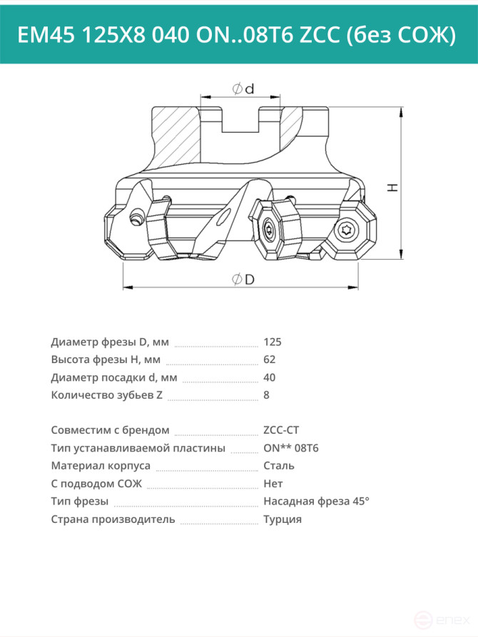 Фреза торцевая насадная 125 мм, посадка 40 мм, 8 зубьев EM45 125X8 040 ON..08T6 ZCC (без СОЖ) под пластину ZCC-CT