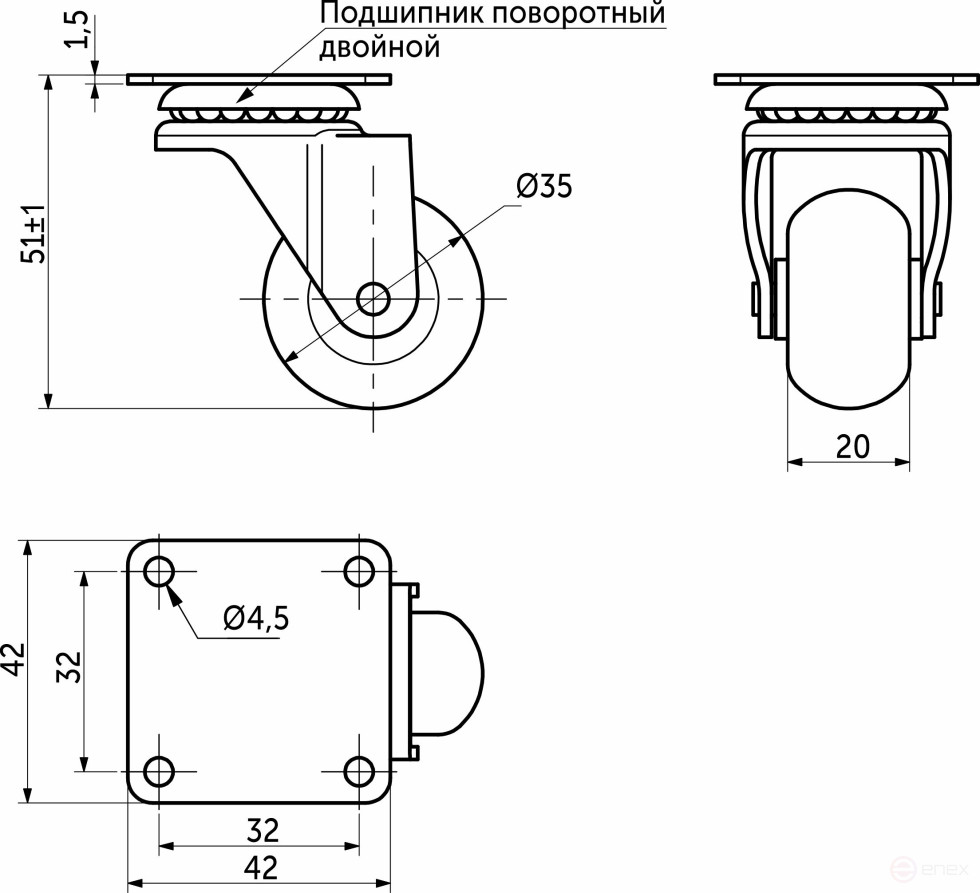 Wheel meb. CRYSTAL/2 d35 h51 with pad, transparent AKS