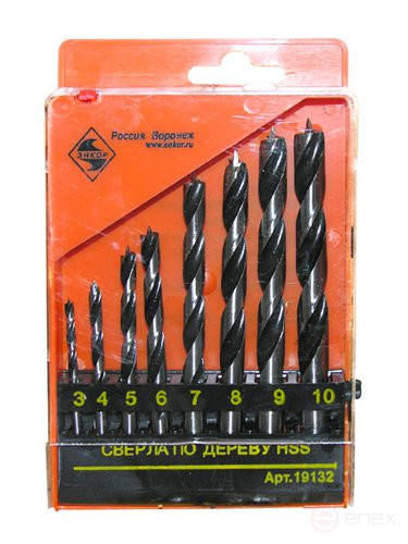 Набор сверл для дерева спиральных Ф3,4,5,6,7,8,9,10 мм,8 штук, пластиковый кейс