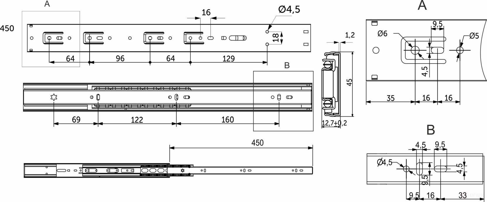 Направляющая шариковая L-450 h=45 AKS PLUS SOFT CLOSE