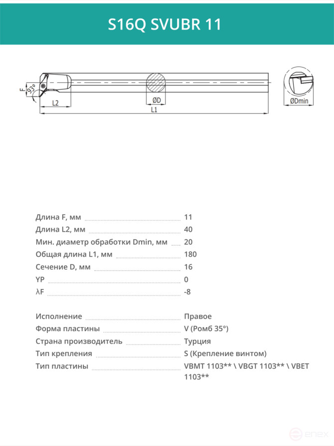 S16Q SVUBR 11 внутренний токарный расточной резец правый, 16 мм / пластина VBMT 1103**