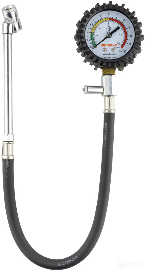 Манометр (0.50-12.16 bar) с клапаном спуска и шлангом с насадкой-удлинителем (АвтоDело) 42313