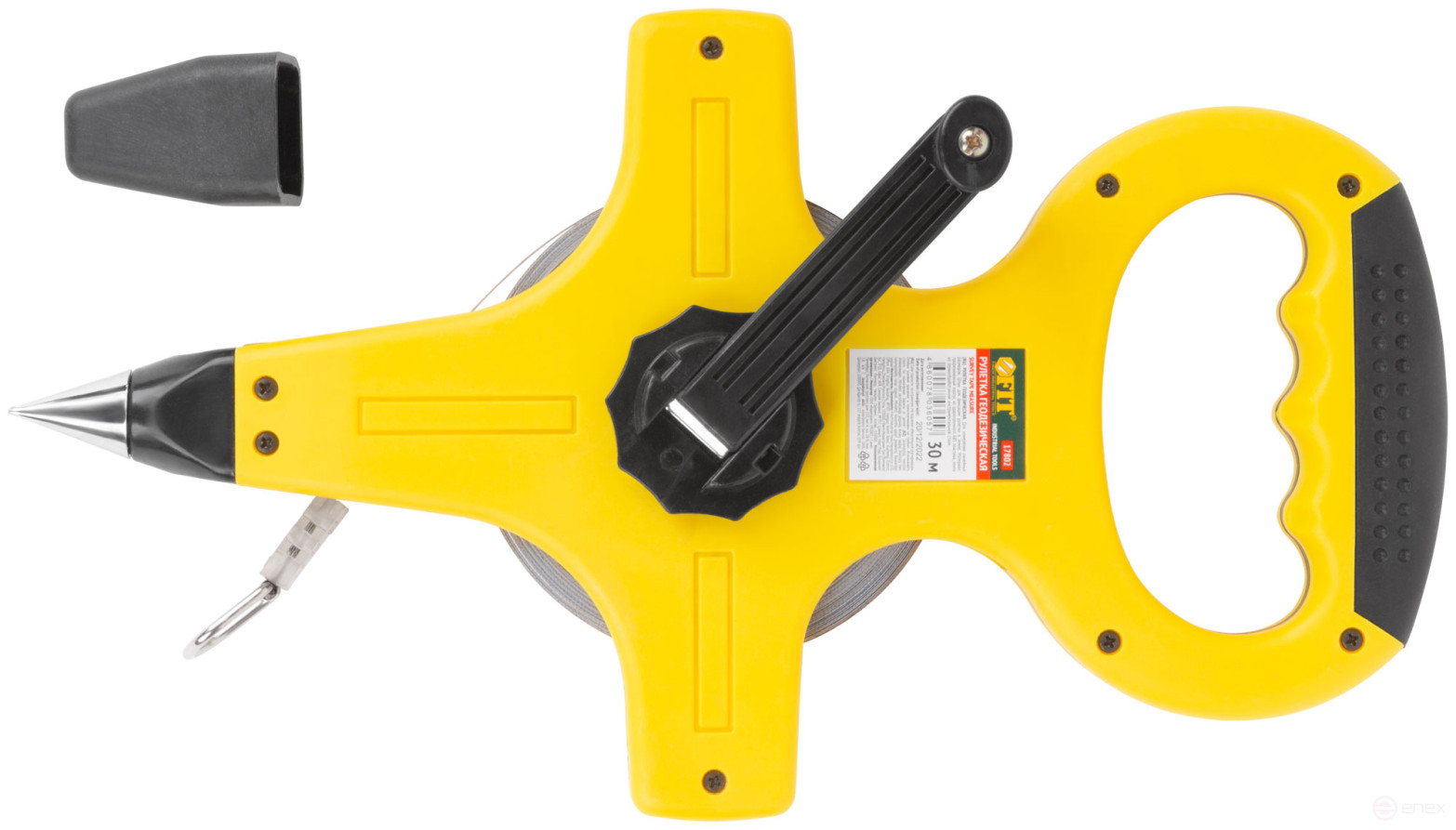 Geodetic tape measure, steel tape, yellow open plastic case, rubberized handle 30 m