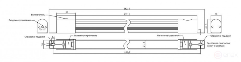 TL19-LED-10W-EU Осветительная панель 19 дюймов, LED 10W, 110/220V, 19 дюймовое крепление+ магнитное крепление, 485х31х48мм, длина кабеля 2м, евровилка