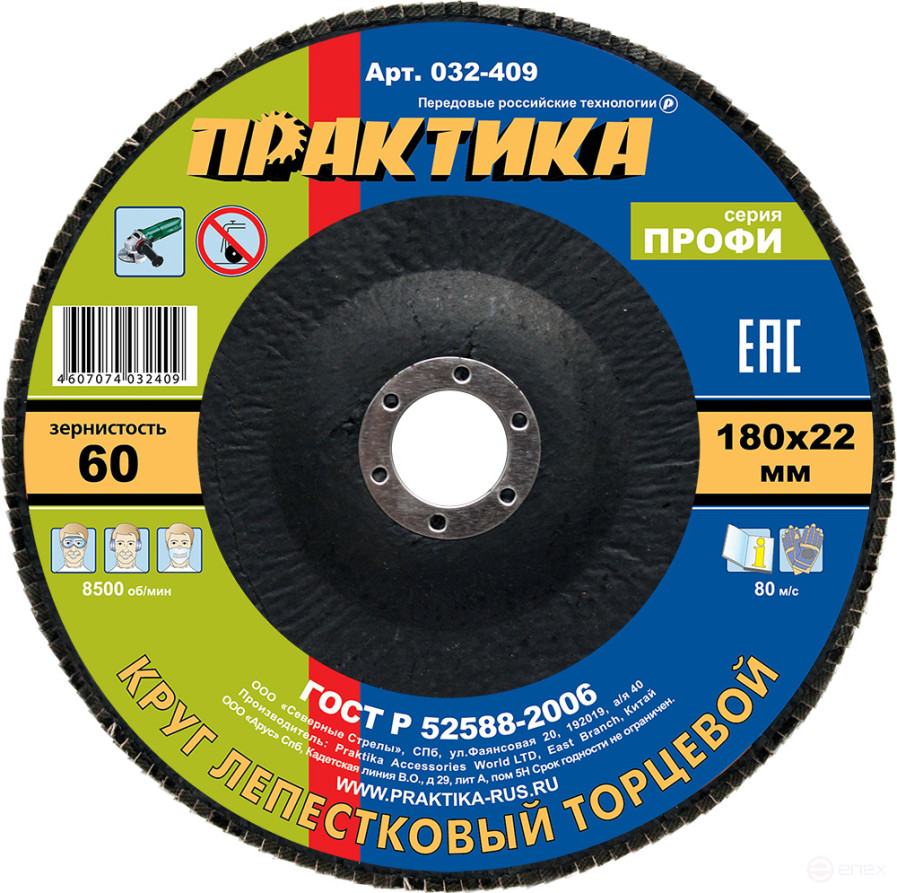 PRAKTIKA petal grinding wheel 180 x 22 mm P60 (1 pc.) Profi series (032-409)
