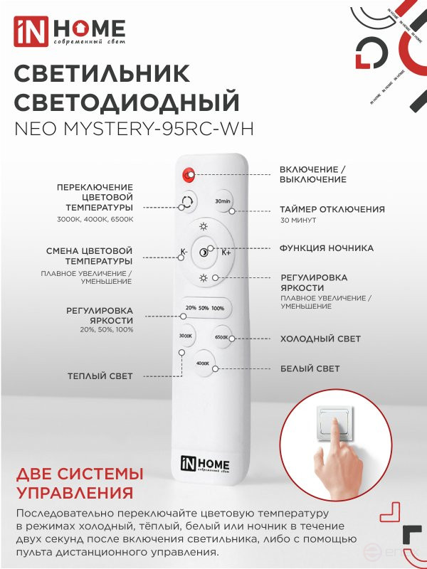 Светильник светодиодный NEO MYSTERY-95RC-WH 95Вт 230В 3000-6500K 7600Лм 465x60мм с пультом ДУ белый IN HOME