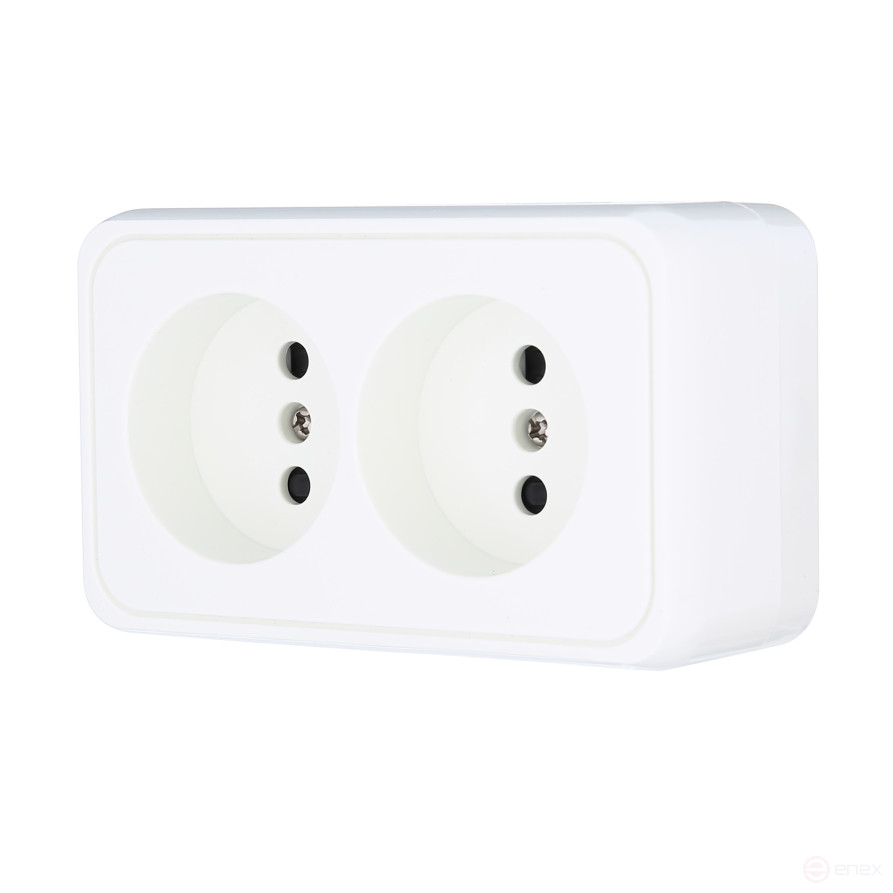 Double socket for open installation without grounding contacts with protective shutters (white), Standard