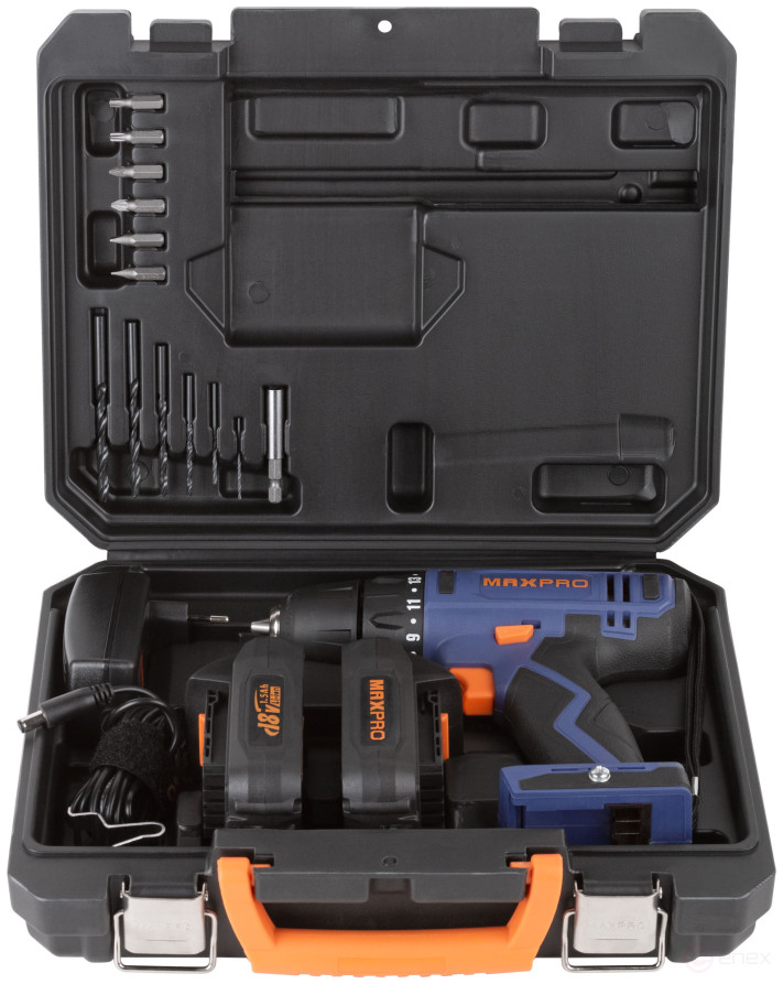 MAX-PRO Дрель-Шуруповерт аккумуляторная 18 В; 0-350/0-1250 об/мин; 10 мм; 30 Нм; 2 батареи (Li-Ion) х1,5 Ач; 15+1; 1 ч.; регулировка оборотов; резинов