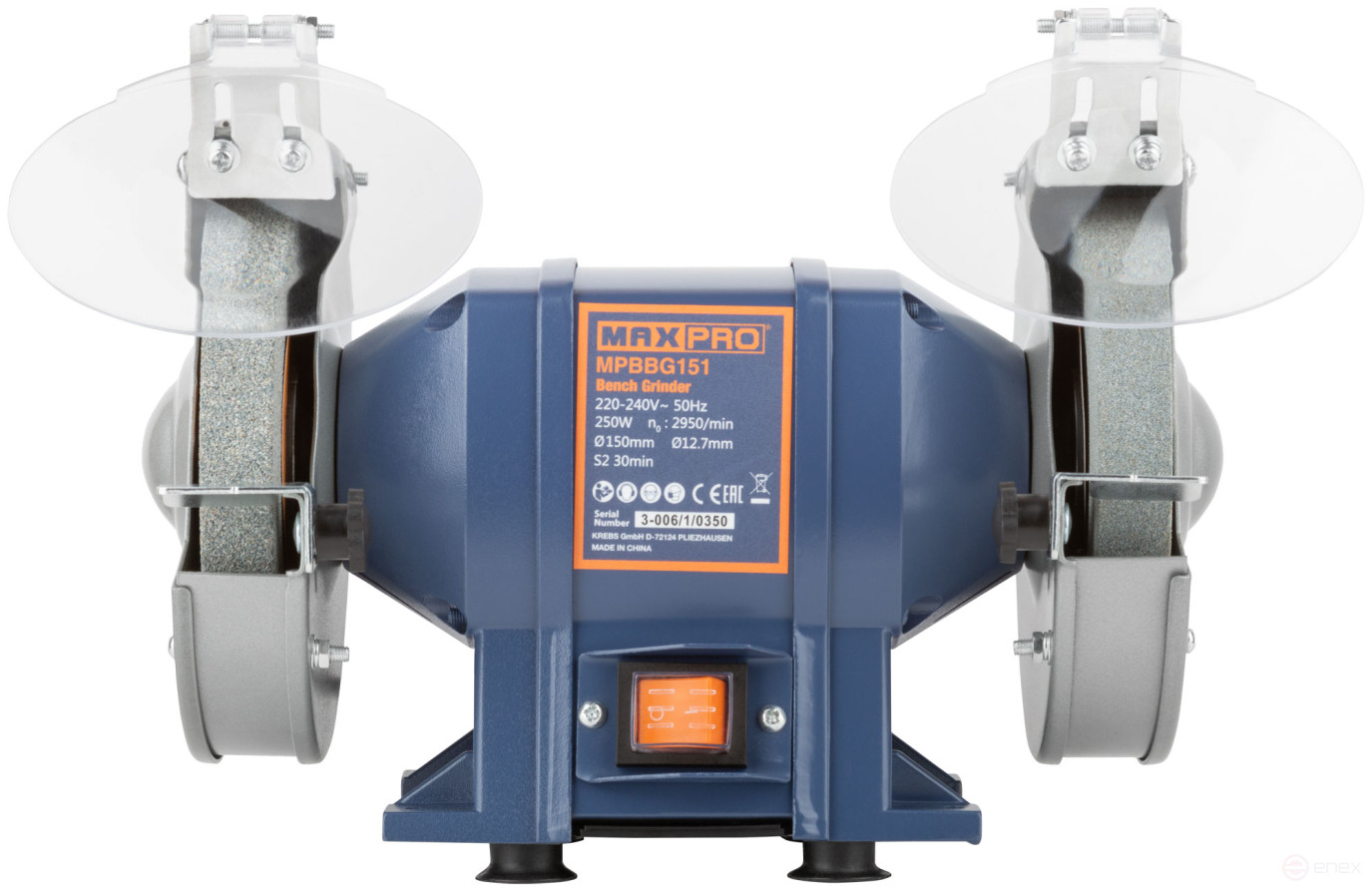 MAX-PRO Станок точильный 250 Вт; 2950/2950 об/мин; 1: 150/20/12,7 мм; 2: 150/20/12,7 мм; 6,55 кг; индукционный мотор; кор.
