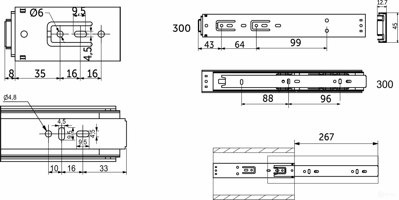 Направляющая шариковая L-600 h=45 AKS PLUS PUSH TO OPEN
