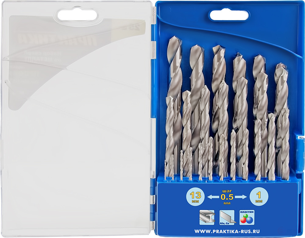 Набор сверл по металлу ПРАКТИКА "Профи" 25 шт. 1-13 мм, шаг 0,5 мм, ПРО кассета (640-315)